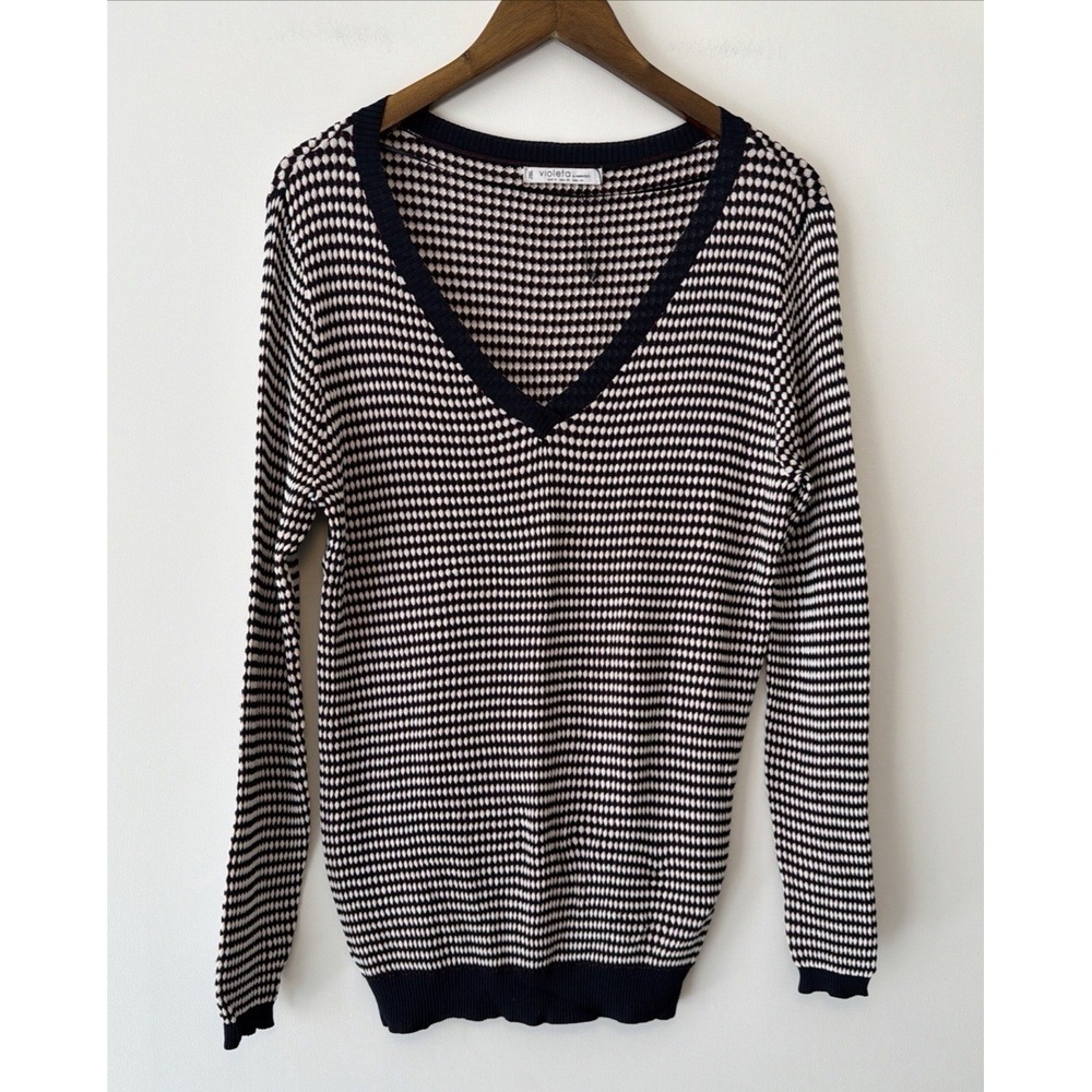Violeta By Mango Textured Geo Dot V-Neck Sweater XS Blue Cream Red Preppy
